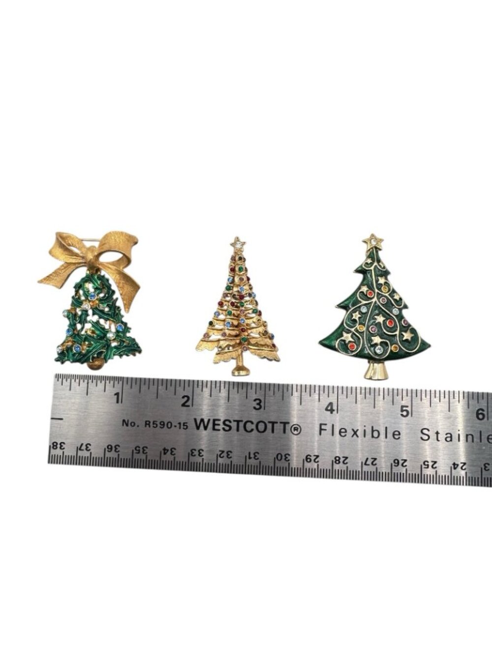Christmas Tree Brooch Lot of 3 - MYLU Bell Enamel Rhinestone Gold Tone Tree - Picture 12 of 13